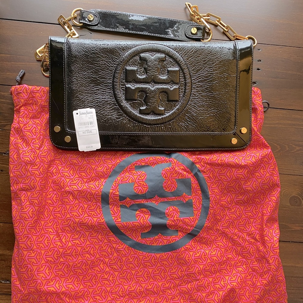 Tory Burch patent leather clutch with gold chain